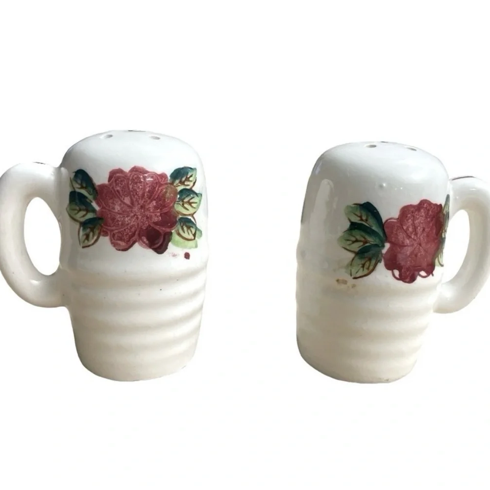 Vintage Hand Painted Floral Salt & Pepper Shakers Handles Portugal Style